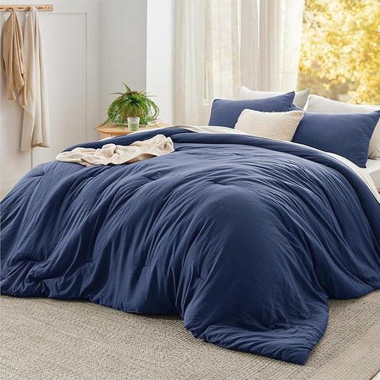 Bedsure Super King Comforter Set, Navy Soft Prewashed Bedding for All Seasons, 3 Pieces GentleSoft™ Bed Set, 1 Lightweight Comforter (120"x120") and 2 Pillowcases (20"x36")