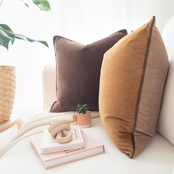 MONDAY MOOSE Decorative Throw Pillow Covers Cushion Cases, Set of 2 Soft Velvet Modern Double-Sided Designs, Mix and Match for Home Decor, Pillow Inserts Not Included (18x18 inch, Brown/Beige)