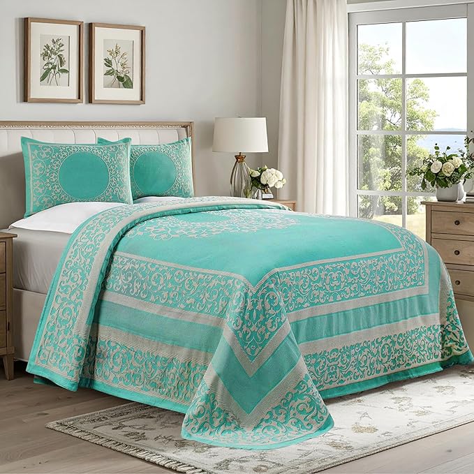Superior Cotton Blend Bedspread Set, Includes Oversized Bedspread and 2 Matching Pillow Shams, Light Weight Blanket, Bedding Decor, Jacquard Vintage Floral Mandala, Lyron Collection - Full, Turquoise