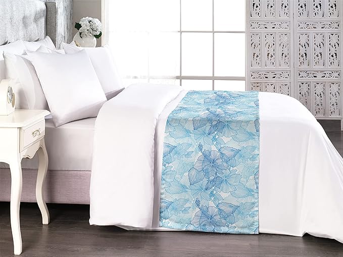 Lunarable Blue and White Bed Runner, Hibiscus Flowers Tropical Foliage Hand Drawn Monotone Design, Decorative Accent Bedding Scarf for Hotels Homes and Guestrooms, King, Cobalt Blue