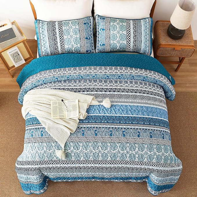 WONGS BEDDING Boho Quilt Set King Size, Teal Blue Bohemian 3 Pieces Quilt Sets, Lightweight Bedspread Coverlet Bedding Set for All Season (104"x90")