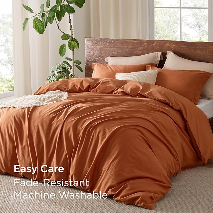 Bedsure 100% Washed Cotton Duvet Cover King Size - Burnt Orange Minimalist Cotton Duvet Cover Linen Like for All Seasons - GentleSoft™ Plain Simple Bedding (Burnt Orange, King, 104"x90")