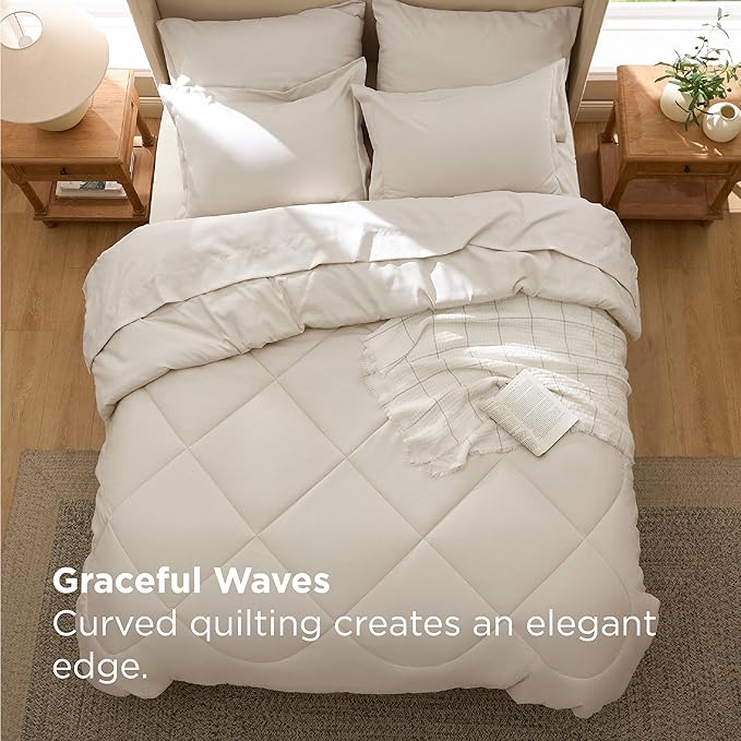 Bedsure 7 Pieces Full Comforter Set Premium Series, Hotel Luxury Soft Bed in a Bag, Goose Down Alternative, Safe for Sensitive Skin Bedding Comforter All Season Medium Warmth, Beige Wavy Quilted