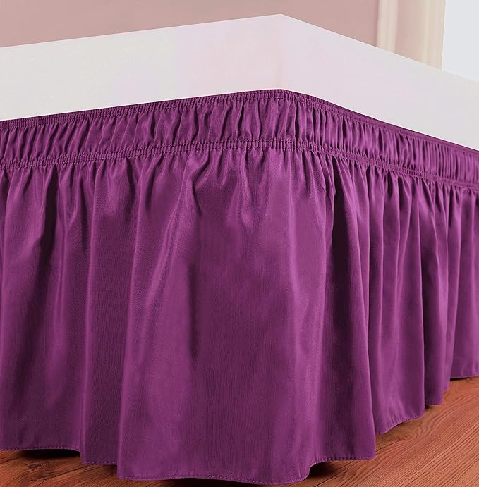 Wrap Around Bed Skirts Elastic Dust Ruffles, Easy Fit Wrinkle and Fade Resistant Silky Microfiber Fabric Solid Color Bedskirt, 12 Inch Tailored Drop Purple for RV Bunk 42X80 Size Bed Skirt