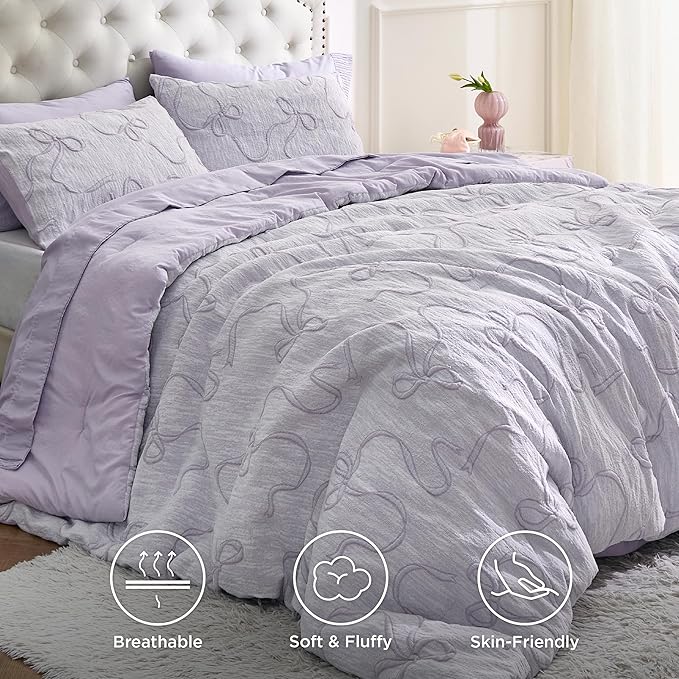 Bedsure Twin/Twin XL Comforter, GentleSoft™ 2 Pieces Bow Cute Bedding Purple Room Decor Aesthetic, Twin/Twin XL Bedding Gifts for Her, 1 Bed Purple Comforter, 1 Pillow Shams, 68x88 Inches