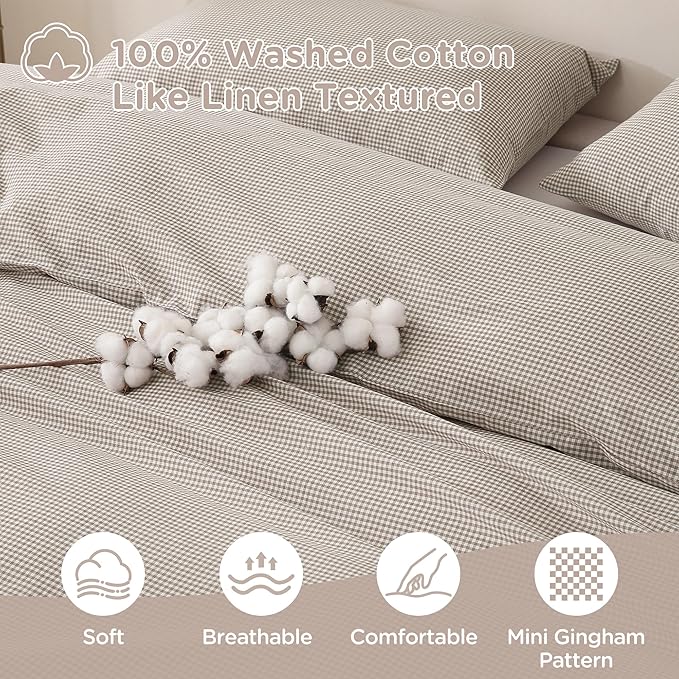 TOCOMOA Mini Gingham Tan Duvet Cover Bedding Set 100% Washed Cotton Like Linen Feel Super Soft Comfy 2 Piece Brown Small Plaid Checkered Fall Comforter Cover Set (Twin 68"x90", Comforter Not Included)