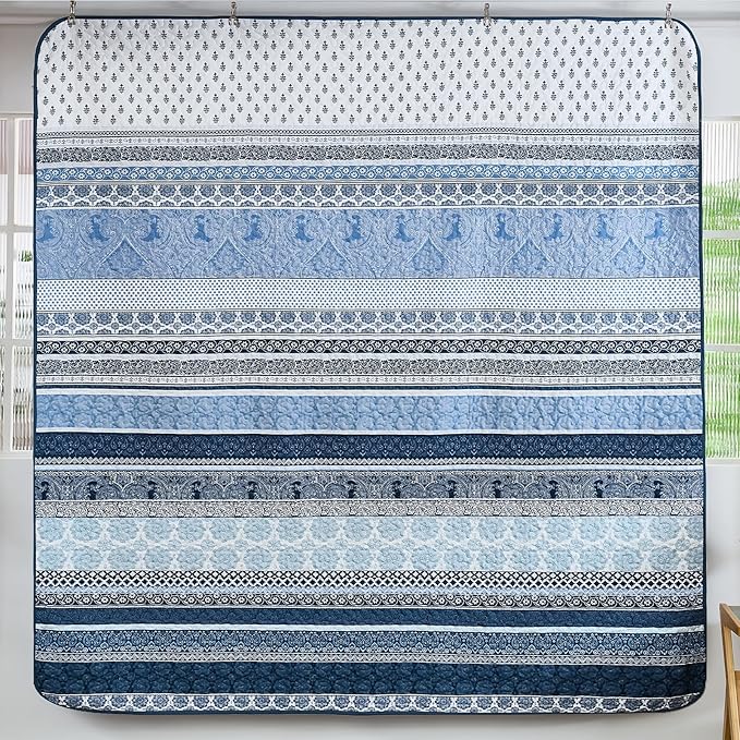 WONGS BEDDING Boho Quilt Set Queen Size, Navy Blue Bohemian 3 Pieces Quilt Sets, Lightweight Microfiber Bedspread Coverlet Bedding Set for All Season (96"x90")
