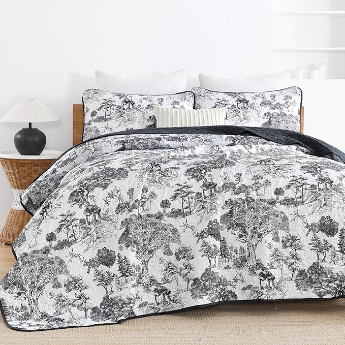 WONGS BEDDING Botanical Quilt Set Queen Size, Black 3 Pieces Toile Floral Plants Printed Bedspread Bedding Set Soft Lightweight Microfiber Coverlet Set for All Season (96"x90")