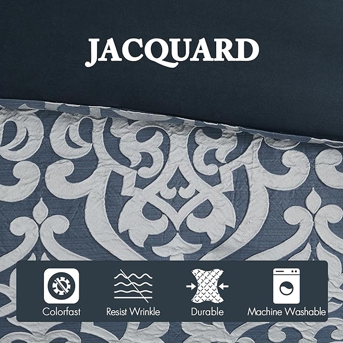 Madison Park Odette Cozy Comforter Set Jacquard Damask Medallion Design - Modern All Season, Down Alternative Bedding, Shams, Decorative Pillows, Queen(90 in x 90 in),Navy 8 Piece