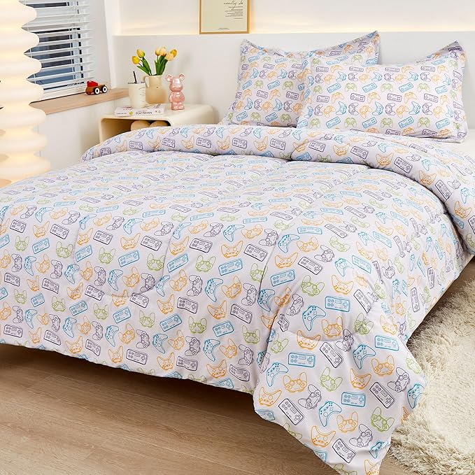 Viviland Gamer Comforter Set for Kids Boys Teens, Full/Double Game Contoller Comforter with Pillow Sham, Soft Comfortable Machine Washable (Video Game)