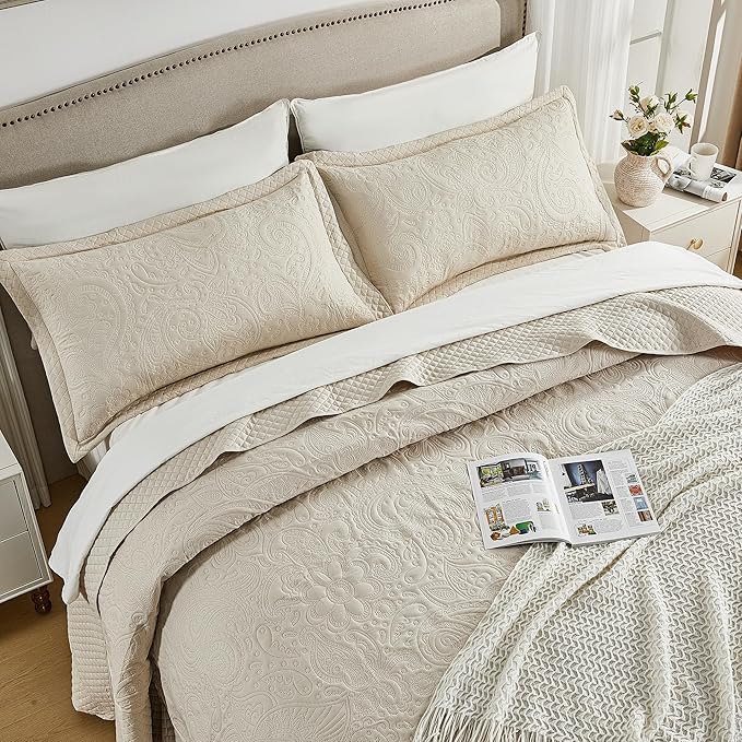 Qucover Oversized King Bedspreads 128x120, Soft Microfiber Ultrasonic Quilting Paisley Pattern California King Quilt Sets Oversized, 3 Piece Oversized Coverlet Bedding, Beige