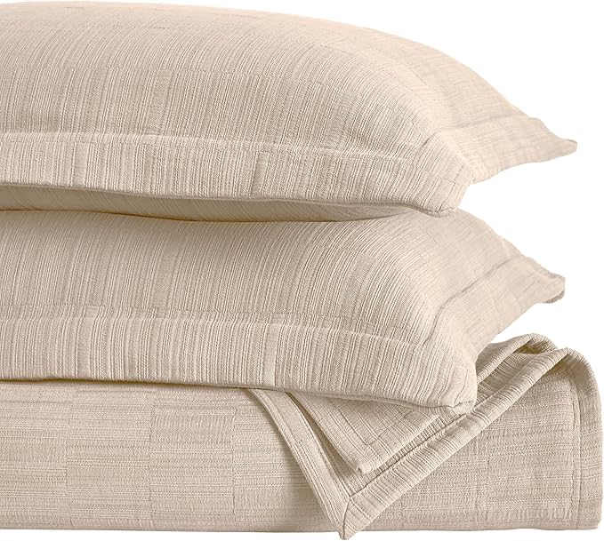 Superior 3 Piece Cotton Bedspread and Sham Set, Home Bed Decor, Decorative Bed Spread, 2 Pillow Shams, Medium Weight, Textured Matelasse Coverlet, Bedding Essentials, Zenith Collection, Full, Beige