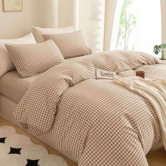 ECOCOTT Gingham Duvet Cover King Size 100% Washed Cotton Like Linen Feel Super Soft & Comfy Bedding Set Modern Checkered Design for All Seasons