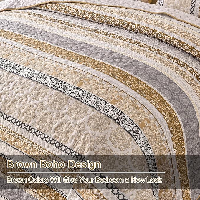WONGS BEDDING Boho Quilt Set King Size, Brown Bohemian 3 Pieces Fall Quilt Sets, Lightweight Bedspread Coverlet Bedding Set for All Season (104"x90")