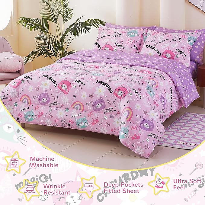 Viviland Kids Full Bedding Sets for Girls, Soft Full Comforter Set with Sheets, 7 Pieces Microfiber Bed in a Bag, Pink Cat Kitty