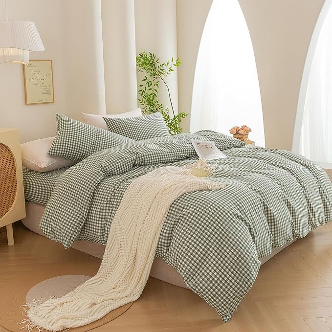 ECOCOTT Green Gingham Duvet Cover Queen Size 100% Washed Cotton Like Linen Feel Super Soft & Comfy Bedding Set Modern Checkered Design for All Seasons