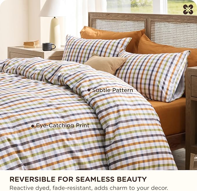 Bedsure 100% Cotton Reversible Plaid Duvet Cover Queen Size - Classic Warm Gingham Pattern Comforter Cover with Zipper Closure & 2 Pillow Shams, Comforter Sold Separately (Warm Plaid 90"x90")