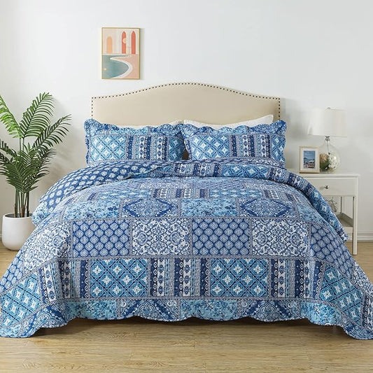 HoneiLife Rustic Quilt Sets Queen - 3 Pieces Microfiber Quilt Sets Lightweight Bedspreads Floral Coverlets Retro Bed Cover All Season Quilts-Blue