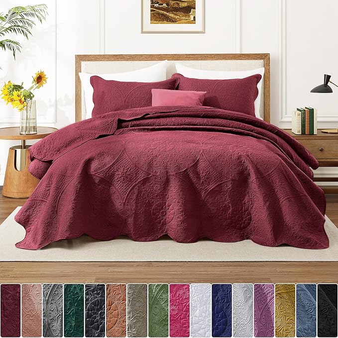 IR Imperial Rooms 8 Pack California King Quilt Bedding Set (118"x106") - Bulk Wholesale for Hotels, Guest Bedroom & Airbnbs - Microfiber Reversible Floral Embossed Quilts Bedspreads (Burgundy)