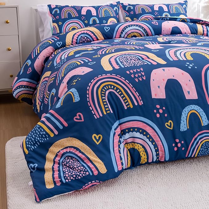 Btargot Lightweight Soft 3 Piece Rainbow Comforter Set with 2 Pillow Covers, Cartoon Love Hearts Suns and Stars Bedding Set for Girls Boys Kids, Full Dark Blue