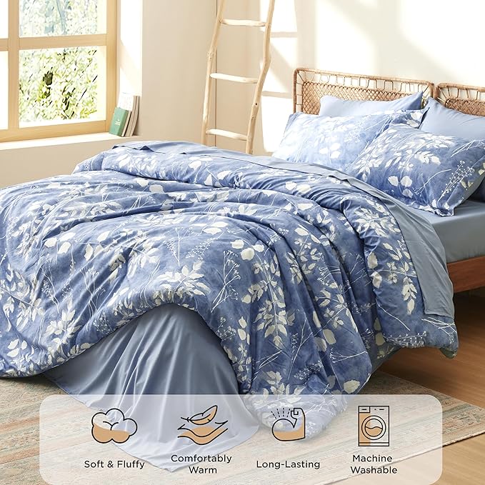 Bedsure Twin Comforter Set - 5 Pieces Floral Blue Soft Bedding Sets, Twin Bed in a Bag with Botanical Flowers Comforter, Sheets, Pillowcase & Sham