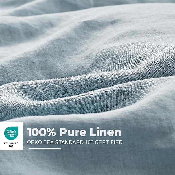 Simple&Opulence 100% Washed Linen Duvet Cover with Embroidered, 2 Pieces Soft Farmhouse Comforter Set with Button Closure,1 Duvet Cover and 1 Pillowsham(Twin,Dusty Blue)