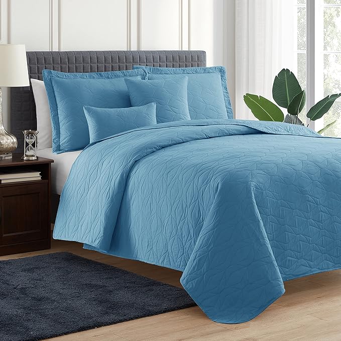 Hearth & Harbor Quilts King Size - All Season Bedspread Coverlet Set, Pinsonic Weave Lightweight Bedding Set - 5 Piece King Quilt Set with Pillow Shams, Ellipse - Blue Heaven