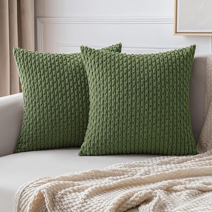 MIULEE Pack of 2 Decorative Throw Pillow Covers 20x20 Inch Soft Boho Striped Textured Corduroy Pillow Covers Modern Farmhouse Home Decor for Couch Bed Sofa Living Room Moss Green