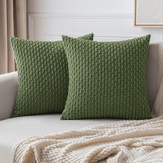 MIULEE Pack of 2 Decorative Throw Pillow Covers 20x20 Inch Soft Boho Striped Textured Corduroy Pillow Covers Modern Farmhouse Home Decor for Couch Bed Sofa Living Room Moss Green