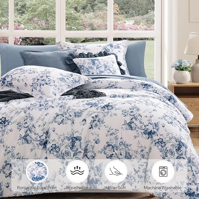 California King Comforter Set -7 Pieces Floral Rain Washed Bedding Set for All Seasons, Bed in a Bag with Botanical Flowers Comforter, Sheets, Pillowcases & Shams