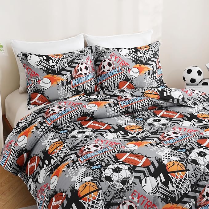 Yibeizi Grey Sports Comforter Set for Boys Twin, Kids Football Basketball Baseball Printed Bedding Set with Pillow Sham, Cute Lightweight Soft Breathable Machine Washable Quilted Bed Comforter