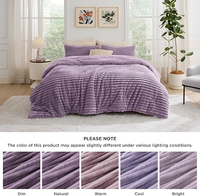 Bedsure King Size Comforter Set - GentleSoft™ 3 Pieces Fluffy Double-Side Fleece Comforter Set, Cozy Striped Room Decor Aesthetic, Luxury Light Purple King Bedding with 2 Pillowcases, 104x90 Inches