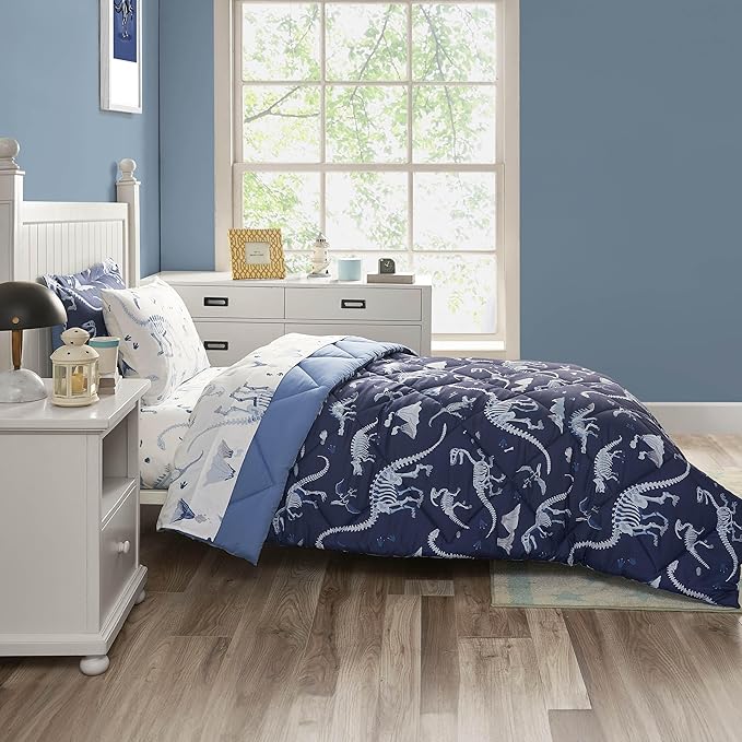 Blue Dinosaur Queen Comforter Set for Boys, 7 Pieces Kids Bedroom Bedding with Sheets and Pillowcase, Super Soft Lightweight for All Season, Machine Washable