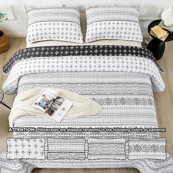 Andency Black White California King Quilt Set, 3 Pieces Boho Lightweight Soft Striped Cal King Bedspread for All Season (112"x104"), Printed Bohemian Microfiber Reversible Coverlet Comforter Sets