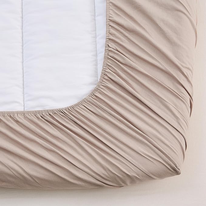 Simple&Opulence Belgian Linen Sheet Set Solid Color - 4 Pieces (1 Flat Sheet & 1 Fitted Sheet & 2 Pillowcases) Natural Flax Cotton Blend Soft Bedding Breathable Farmhouse - Khaki, Full Size