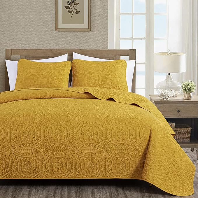 Chezmoi Collection Austin Queen Bedspread Set 3-Piece Pinsonic Quilted Oversized Bedspread Coverlet Set, Queen, Mustard