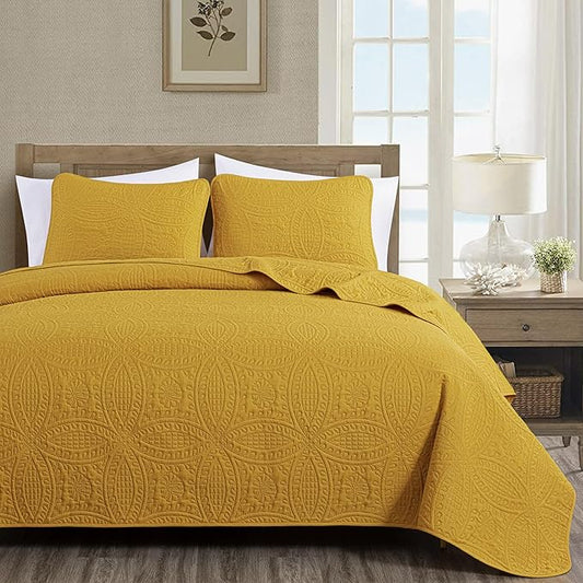 Chezmoi Collection Austin Queen Bedspread Set 3-Piece Pinsonic Quilted Oversized Bedspread Coverlet Set, Queen, Mustard