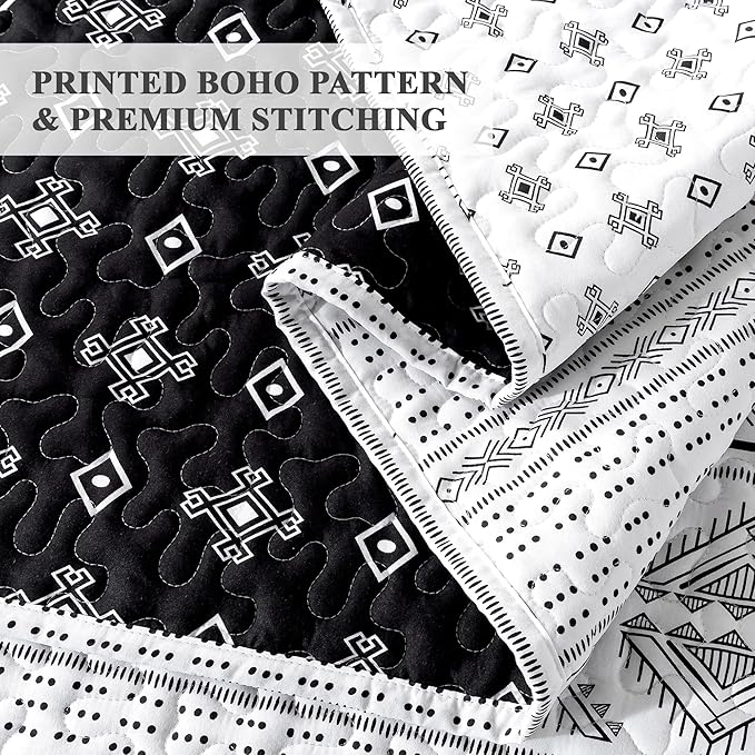 Andency Black White Quilts Queen Size, 3 Pieces Queen Quilt Bedding Set Boho Lightweight Soft Striped Bedspread for All Season (90"x96"), Printed Bohemian Microfiber Reversible Coverlet Comoforter Set
