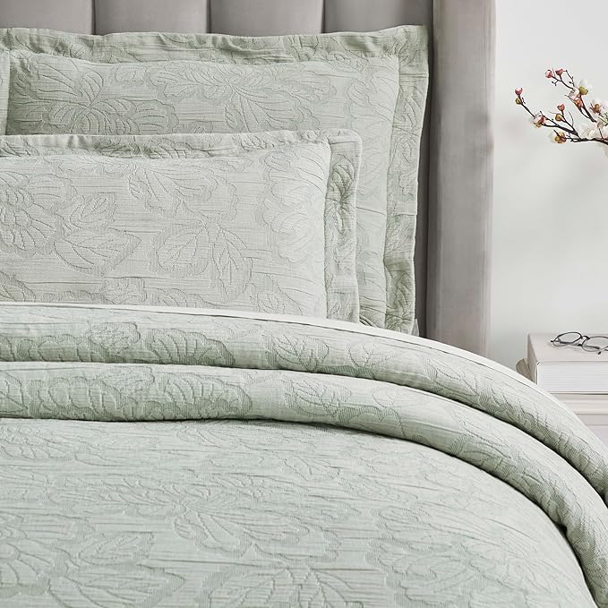 Superior 3 Piece Cotton Bedspread Set, Home Decor, Decorative Bed Spread, 2 Pillow Shams, Medium Weight Blanket, Matelasse Coverlet, Bedding Essentials, Hibiscus Collection, California King, Sage