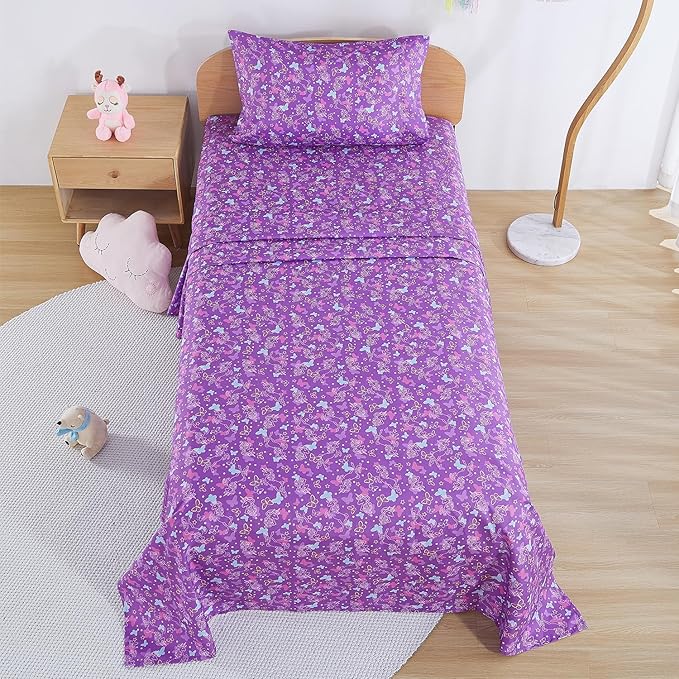 Kids Sheet Set Twin Size, Twin Sheet Set with Butterfly Unicorn Pattern，Breathable Silky Soft Microfiber Kids Fitted Sheet