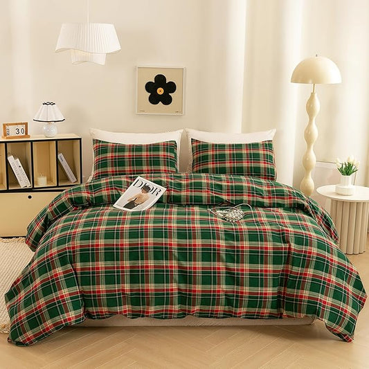 ECOCOTT Buffalo Plaid Duvet Cover King Size– 3 Piece Green Checkered Bedding Set, 100% Washed Cotton, Soft Breathable Reversible Design with Zipper Closure & Corner Ties