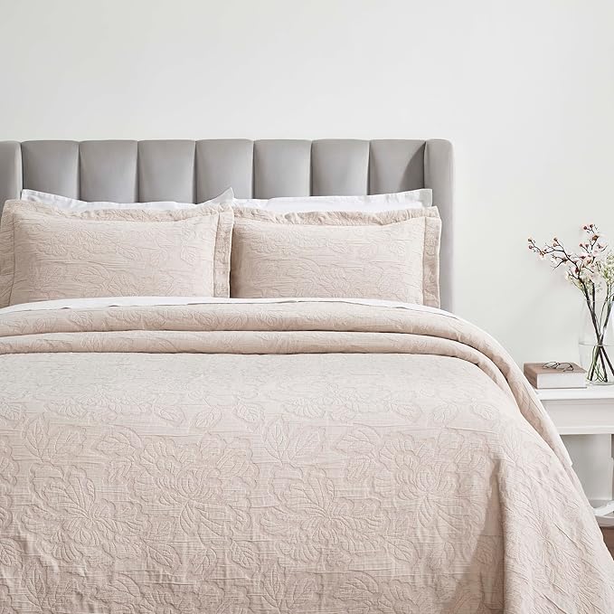 Superior 3 Piece Cotton Bedspread Set, Home Bed Decor, Decorative Bed Spread, 2 Pillow Shams, Medium Weight Blanket, Matelasse Coverlet, Bedding Essentials, Hibiscus Collection, Full, Blush