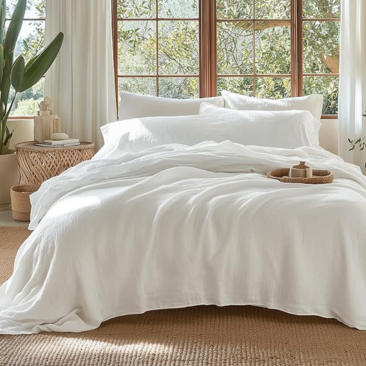 Bedsure 100% Muslin Cotton Duvet Cover Queen Size - Ultra-Soft, Breathable & Lightweight - Linen Like Gauze Comforter Cover Set with Button Closure and Corner Ties (White, Queen, 90"x90")