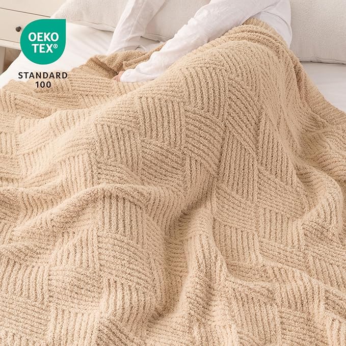Battilo Beige Diamond Knit Throw Blanket for Couch and Bed, Soft Textured Chenille Blanket, Cozy Lightweight Decorative Blanket for Sofa, 50"x60"