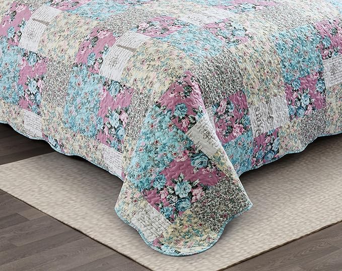 Brilliant Sunshine Lilac Rose Toile Quilt Set, 2-Piece Bedding Sets, Traditional Lively Patchwork Design, Washable, Reversible Bedspread, Soft Lightweight Coverlet, All-Season, Twin/Twin XL, Egg Blue
