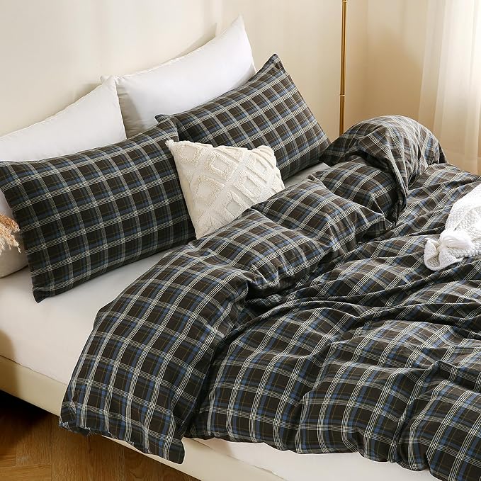 TOCOMOA Buffalo Plaid Duvet Cover Set 100% Washed Cotton Like Linen Feel Super Soft Comfy 3 Piece Brown Blue Gingham Checkered Bedding Comforter Cover Set (King 104"x90", Comforter Not Included)
