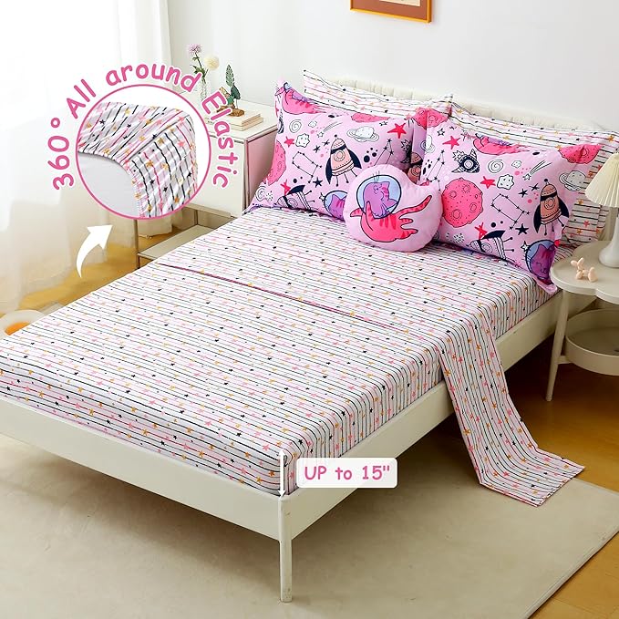 Mooreeke Kids Full Comforter Sets for Girls 8 Pieces Cute Space Cat Bedding Set for Teens Microfiber Pink Kids Bed in A Bag with Comforter, Sheet Set, Shams and Decorative Toy Pillow All Season