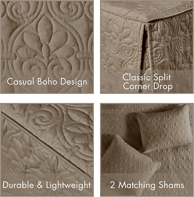 Madison Park Quebec Split Corner Quilted Bedspread Classic Traditional Design All Season, Lightweight, Bedding Set, Matching Shams, Queen, Damask Quilted Khaki 3 Piece
