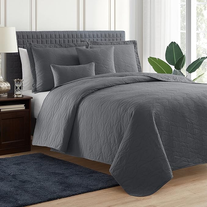 Hearth & Harbor Quilts Queen Size - All Season Bedspread Coverlet Set, Pinsonic Weave Lightweight Bedding Set - 5 Piece Queen Quilt Set with Pillow Shams, Ellipse - Gray