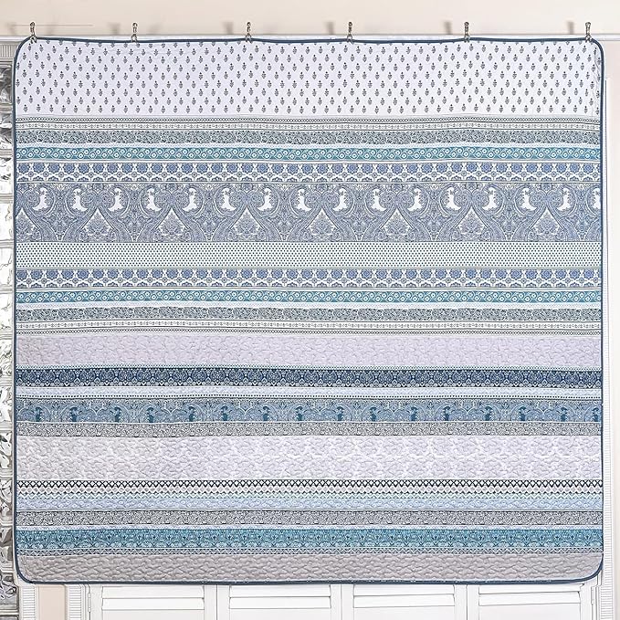 WONGS BEDDING Boho Quilt Set Oversize California King Size, Blue Bohemian 3 Pieces Quilt Sets, Lightweight Bedspread Coverlet Bedding Set for All Season (112"x104")